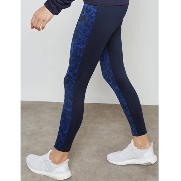 Adidas Performance Leggings Tights Navy Blue Animal Print Three Stripes Logo M - Picture 2 of 13